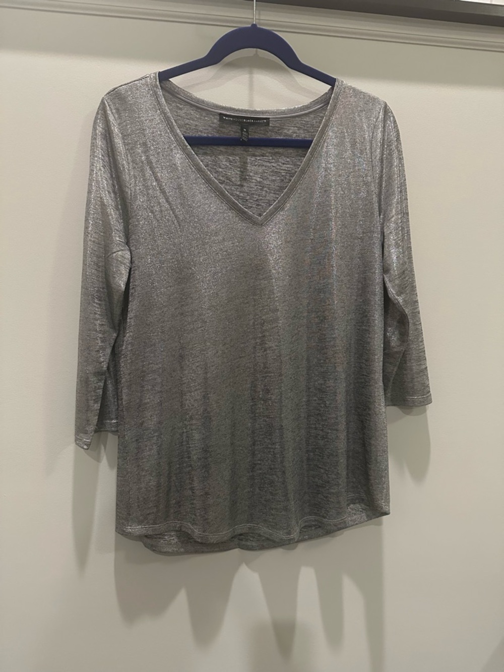 White House Black Market Silver V-Neck 3/4 Sleeve Top
